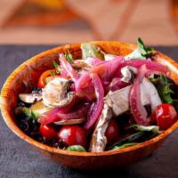 Side Salad · Mixed greens, cucumbers, tomato, pickled red onions