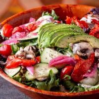 The Big Salad · Mixed greens, arugula, avocado, cucumber, tomato, mushrooms, roasted red peppers and pickled...