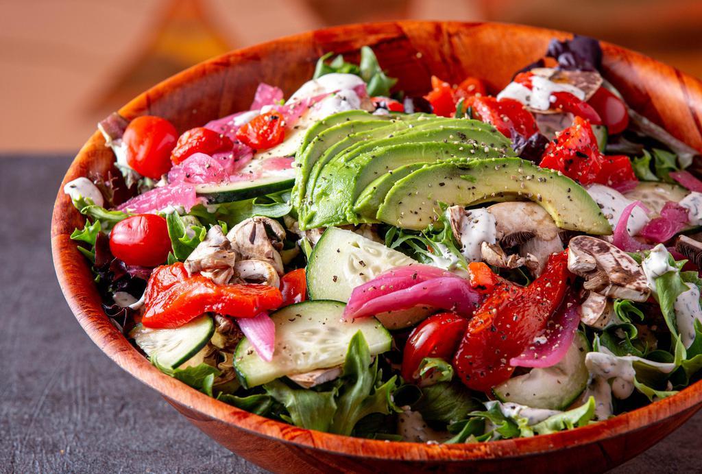 The Big Salad · Mixed greens, arugula, avocado, cucumber, tomato, mushrooms, roasted red peppers and pickled red onions.