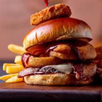 Smokestack · 1/4 lb. beef patty, crisp bacon, pepper jack cheese, onion ring and BBQ sauce, and topped wi...