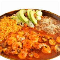 Camarones A La Diabla · Shrimp cooked in spicy house red sauce served with mushrooms, rice, beans, avocado, pico de ...