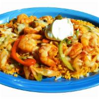 Camarones Con Arroz · A bed of rice topped with shrimp, red and green bell peppers, melted cheese, and your choice...
