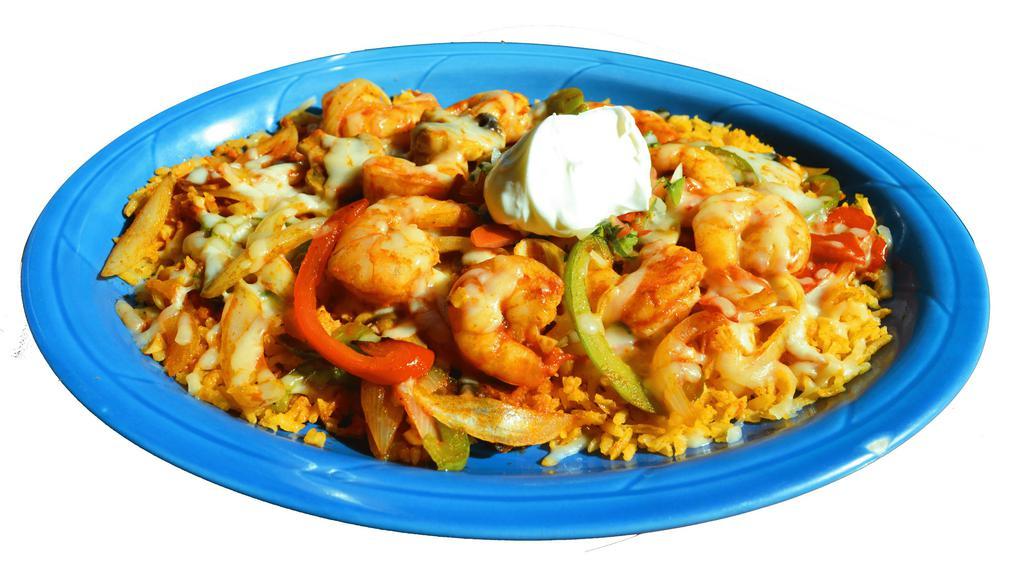 Camarones Con Arroz · A bed of rice topped with shrimp, red and green bell peppers, melted cheese, and your choice of homemade corn tortilla or flour tortilla.