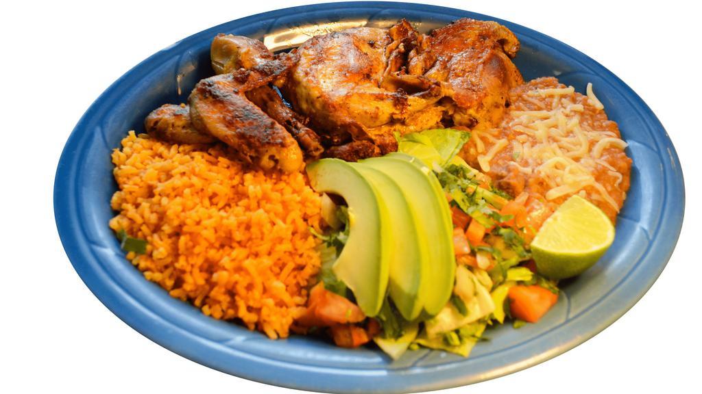 Pollo Asado · Charbroiled chicken season with our unique house recipe. Served with avocado slices, rice, refried beans, lettuce, and your choice of tortilla.