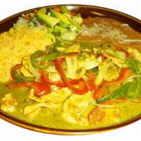 Chicken In Salsa · Chicken served with bell peppers, onions, mushrooms, rice, refried bean, lettuce, pico de ga...