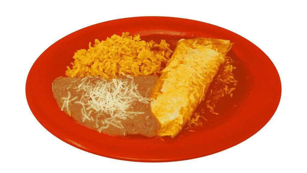 Kids' Enchilada · Served with mild red salsa, melted cheese, rice, beans, and your choice of meat.