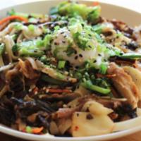Vegetable Noodle Bowl · Poached Egg, Cashews, Sesame, Green Onions & Cilantro, Black Mushroom, Kimchee, Broccoli, Sn...