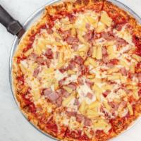Hawaiian · Ham and pineapple with mozzarella cheese.