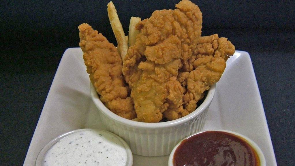 Crispy Chicken Tenders · Lightly breaded and boneless chicken tenders served with ranch dressing and BBQ sauce.