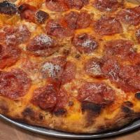 -Pepperoni- · Red sauce, pepperoni, mozzarella, finished with oregano and Parmigiano-Reggiano