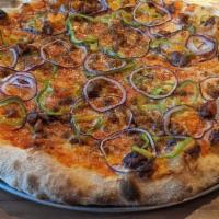 -Sausage And Peppers- · Red sauce, spicy Italian sausage, Anaheim peppers, red onion, sharp provolone, porcini powder