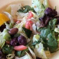 Babajoon'S Salad · Mixed greens, cucumbers, tomatoes, imported mixed olives, Babajoon's dressing: extra virgin ...