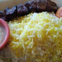 Chenjeh - Steak Kabob · Chenjeh kabob. Medallions chunks of charbroiled beef tender (5 ounces), the meal comes with ...