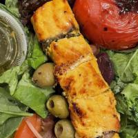 Fish · Norwegian salmon kabob. A skewer meal of charbroiled Norwegian salmon marinated in saffron, ...