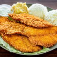 Fried Mahi Mahi · Fish fillets fried to golden brown served with tartar sauce. Served with macaroni salad and ...