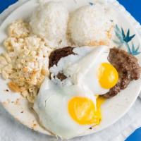 Loco Moco · An island flavor, homemade hamburger patties topped with fried egg covered with brown gravy.