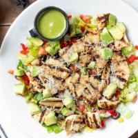 Grilled Chicken Salad · Egg free, nut free, gluten-free, soy free. Mixed greens, tomato, avocado, bell pepper, corn ...