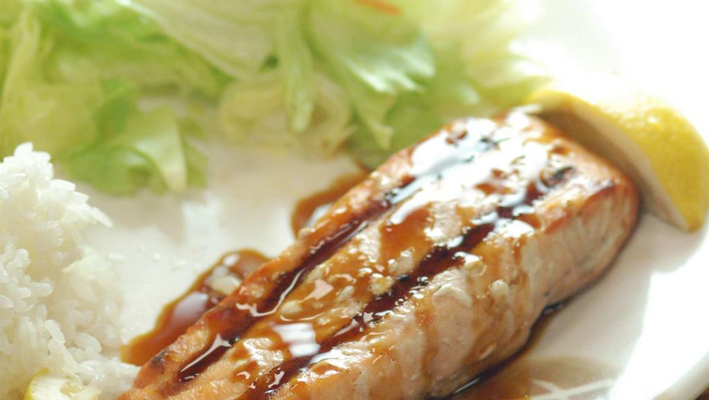 Salmon Teriyaki Plate · Grilled salmon with house made teriyaki sauce, side salad and rice.