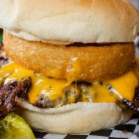 Wild Hog Burger · BBQ sauce, two strips of peppered bacon, onion ring, and American cheese.