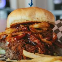 Honky Tonk Burger · Loud and rowdy burger topped with BBQ pork, BBQ sauce, peppered bacon, crispy onion tanglers...