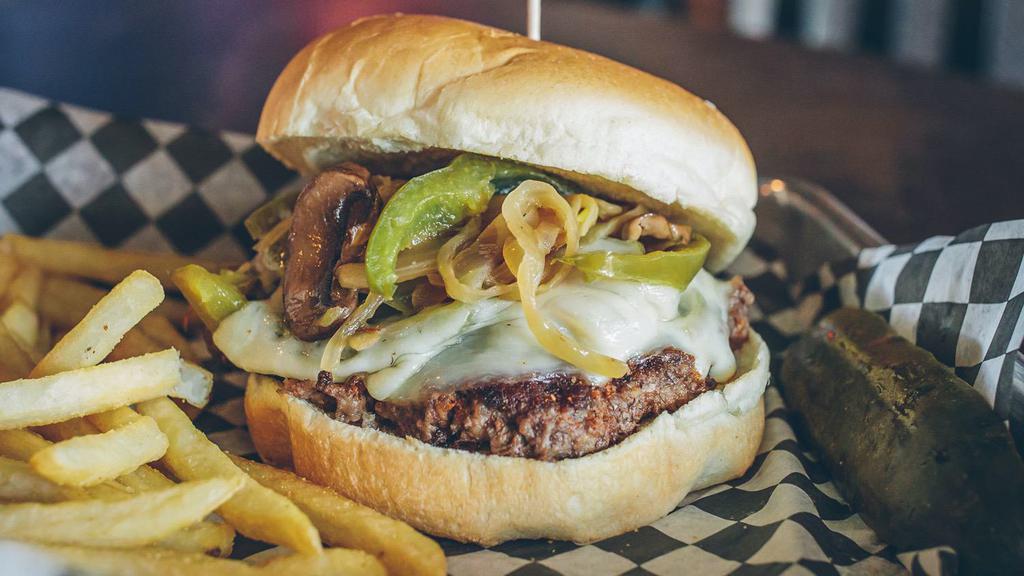 Philly Burger · Provolone cheese, green peppers, mushrooms, and onions.