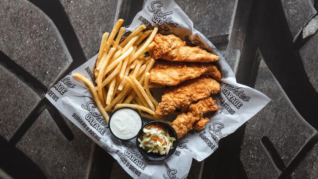 Chicken Strips Basket · Hand-breaded chicken tenderloins, fries, and coleslaw with your choice of dipping sauce.