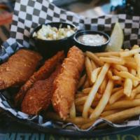Fish & Chips Basket · Flaky whitefish hand dipped in our classic batter. Served with vinegar, tartar sauce, fries,...