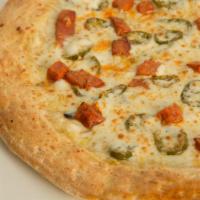 Chile Verde Pizza · Chile Verde sauce with chorizo, sausage and jalapenos.