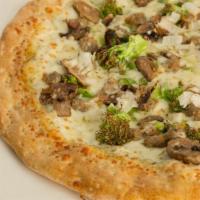 Our Choice Pizza · Basil pesto sauce, Italian sausage, mushrooms, broccoli, green pepper, and onion.