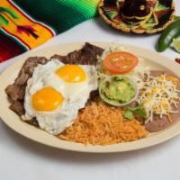 Steak & Eggs Plate · Grilled carne asada steak served with your choice of two prepared eggs, side of guacamole, r...