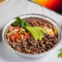 Burrito Bowl · Burrito bowl layered with rice, whole pinto beans, choice of meat cheese, pico de gallo, gua...
