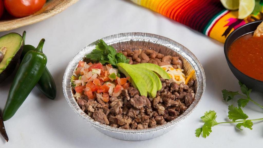 Burrito Bowl · Burrito bowl layered with rice, whole pinto beans, choice of meat cheese, pico de gallo, guacamole salsa, and fresh avocado