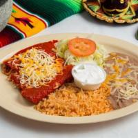 Enchiladas Plate · Three cheese filled enchiladas topped with red or green sauce.