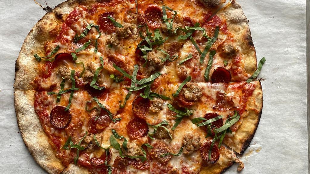 3 Meats  · House red sauce, river bear bacon, fennel sausage, pepperoni, basil.