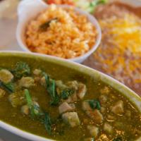 Puerco En Salsa Verde · Gluten free. Pork sirloin lightly fried and simmered in a tomatillo pasilla broth until tend...