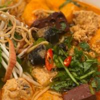 Bún Riêu Chả Ốc · Crabmeat small vermicelli soup. Vietnamese rice noodle soup with a tomato and crab soup base.