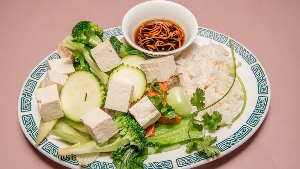 Buddha Plate · Fresh tofu and steamed vegetables served with steamed rice.