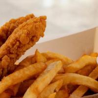 Chicken Tenders & Frites · Two chicken tenders, frites, two sauces.