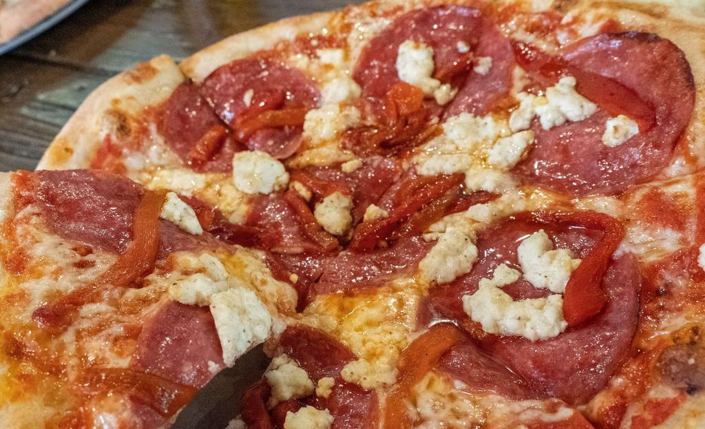 Salami · Tomato sauce, Mozzarella, Salami, Ricotta, Roasted Red Peppers, Drizzled with Spicy Honey
