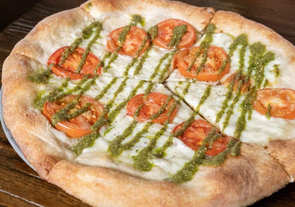 Modern Margherita (V) · Basil Pesto, Sliced Tomato, Fresh Mozzarella