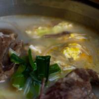 Beef Short Rib Bone Soup (갈비탕) · Soup with Sweet potato starch noodles, egg, green onions, and short ribs. Comes with rice an...