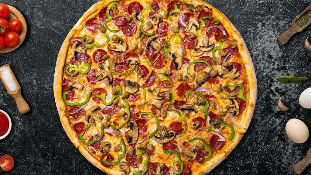 Super Supreme Pizza · Pepperoni, sausage, mozzarella, bell peppers, mushrooms, onions, and olives baked on a hand-tossed dough.