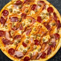 Mega Meat Pizza  · Mozzarella, pepperoni, chicken, and sausage baked on a hand-tossed dough.