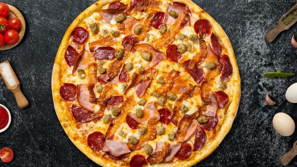 Mega Meat Pizza  · Mozzarella, pepperoni, chicken, and sausage baked on a hand-tossed dough.