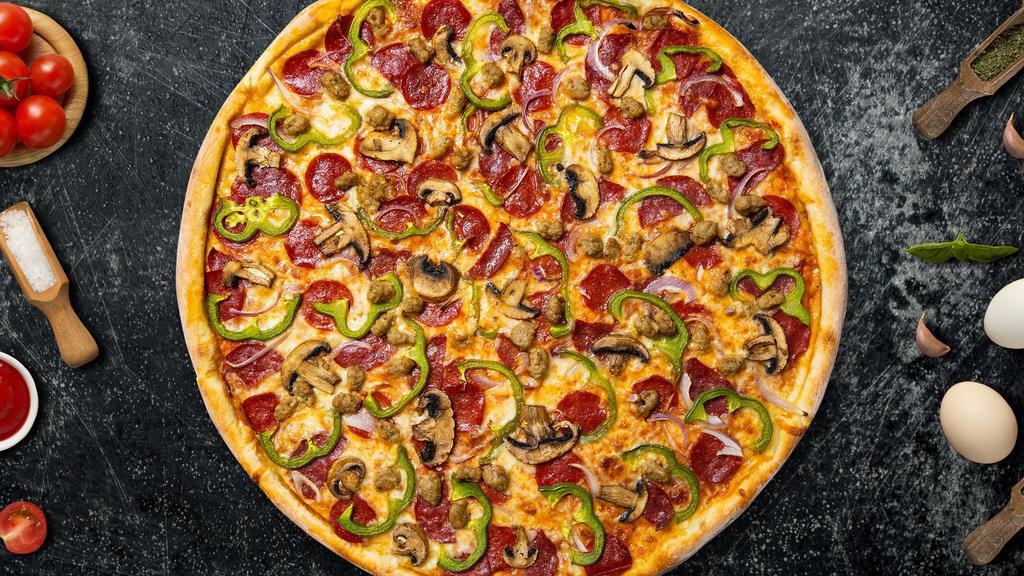 Chunky Loaded Pizza · Fresh mushrooms, green peppers, red onions, pepperoni, and fresh mozzarella baked on a hand-tossed dough.