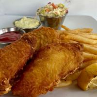 Fish & Chips · Beer-battered cod (3) served with french fries, coleslaw and tartar sauce.
