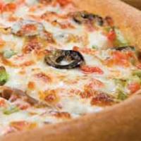 Veggie Pie · Green peppers, onions, mushrooms, black olives, tomatoes, and mozzarella cheese. Medium (eig...