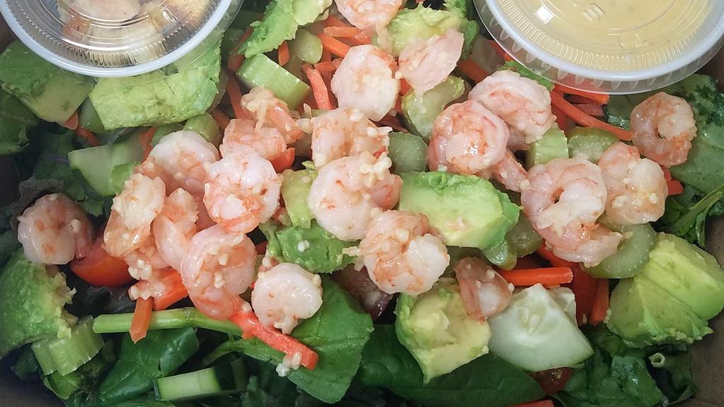 Shrimp Salad  · Hero greens, tomato, celery, cucumber, carrots, avocado, shrimp, and egg.