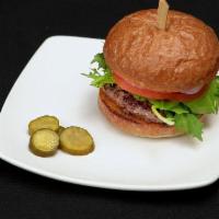 Hamburger · 100% grass-fed beef patty, lettuce, tomato, red onion, hostel sauce, pickle