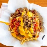 Hot Cheeto Fries · French fries, carne asada, nacho cheese and HOT CHEETOS!